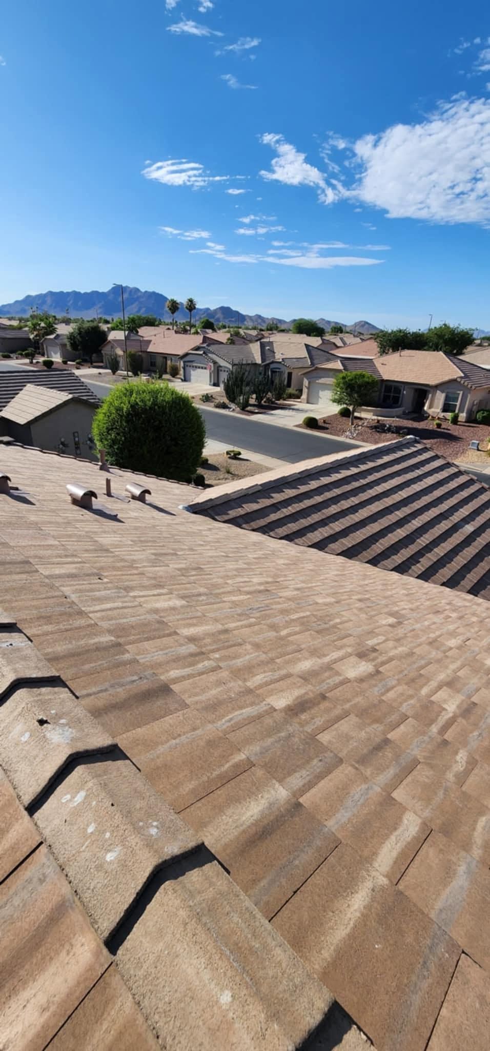Rooftop view of a suburban neighborhood with mountains under a clear blue sky