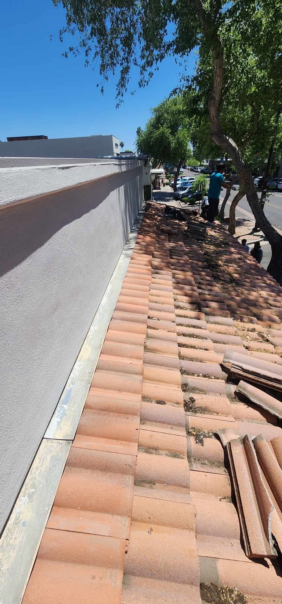 Rooftop walkway beside a white wall, lined with terracotta tiles and trees in bright sunlight.