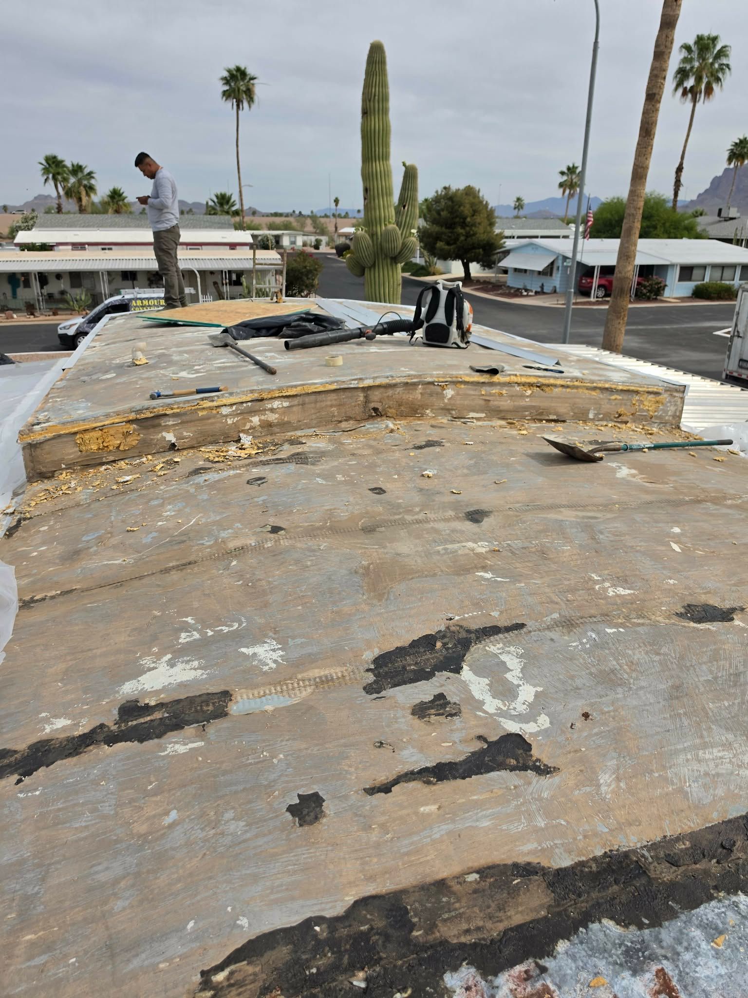Rooftop with severe storm damage and peeling tar, overlooking palm trees and distant houses under a gray sky
