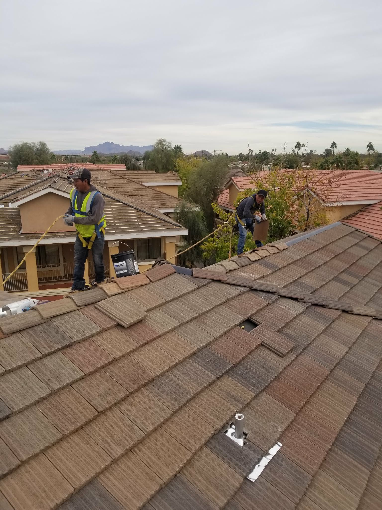 Workers inspecting a shingled roof under cloudy skies, with homes and trees in the background.