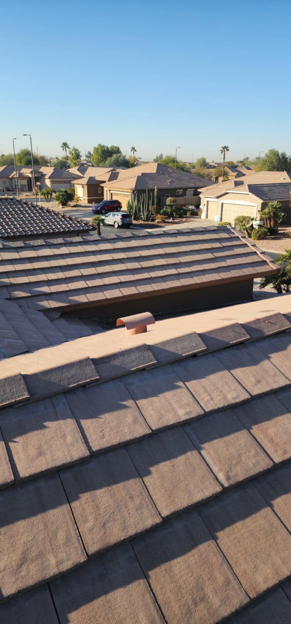 Rooftops of suburban houses under a clear blue sky at sunrise or sunset