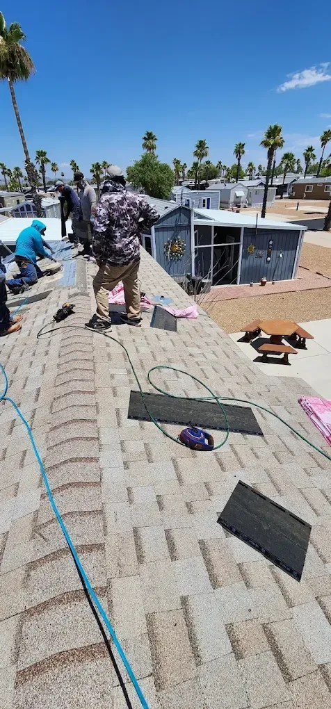 Workers installing rooftop shingles on a sunny day with palm trees in the background
