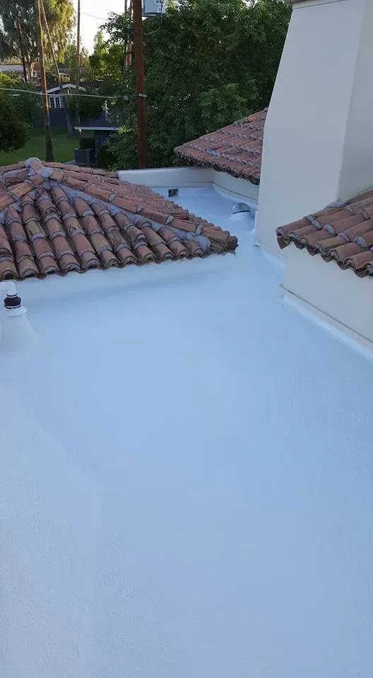 White rooftop with red tile sections and a tall white wall overlooking trees and greenery