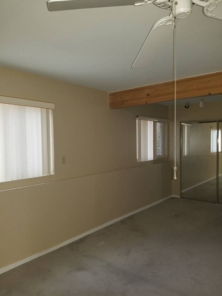 Empty beige room with carpet, mirrored closet, small windows, and a ceiling fan