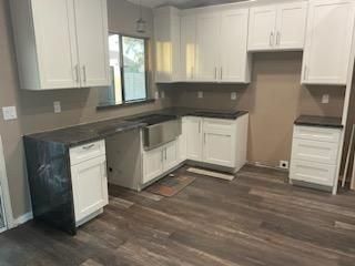 Empty modern kitchen with white cabinets, dark wood floor, and stainless steel sink and dishwasher.