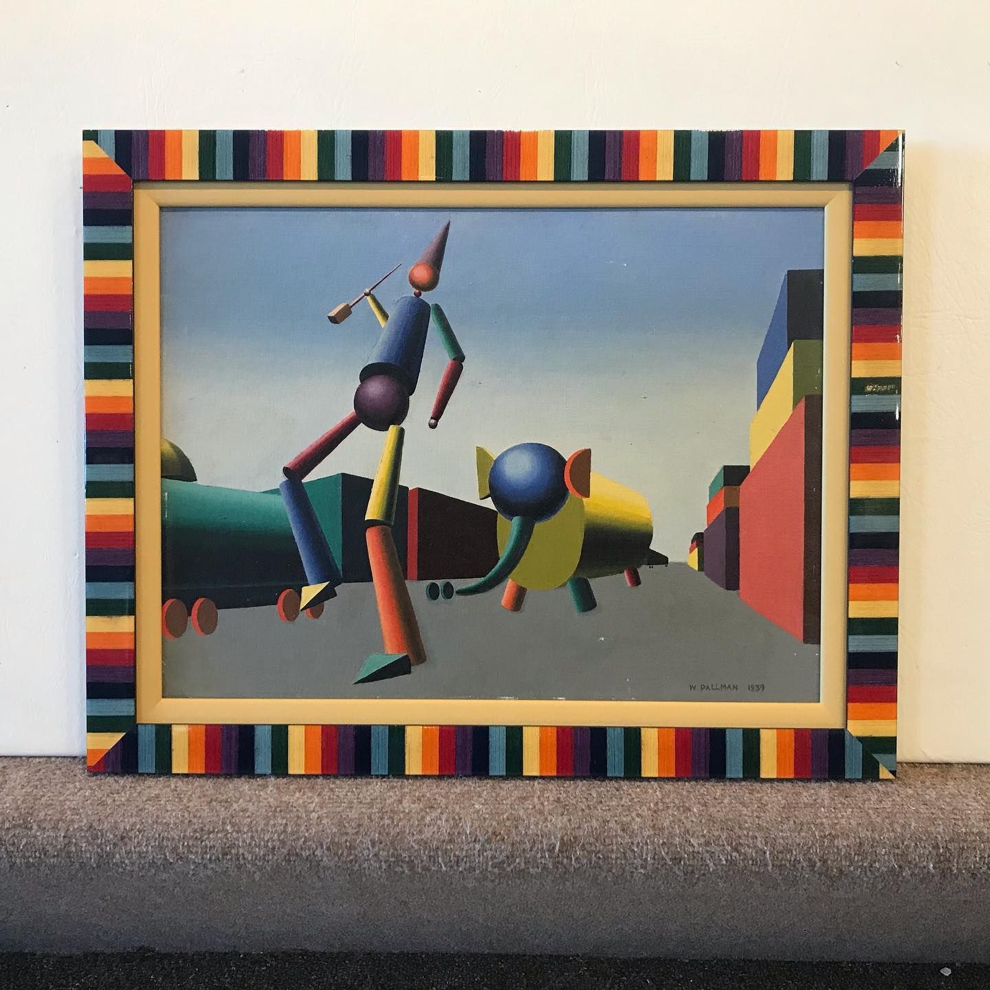 Colorful geometric figure walking with an elephant in city, framed in striped rainbow.
