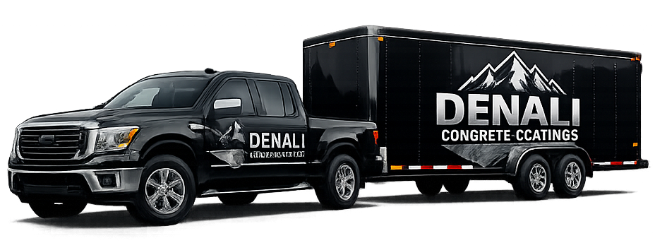 Black Denali Concrete Coatings pickup truck and matching trailer on a white background