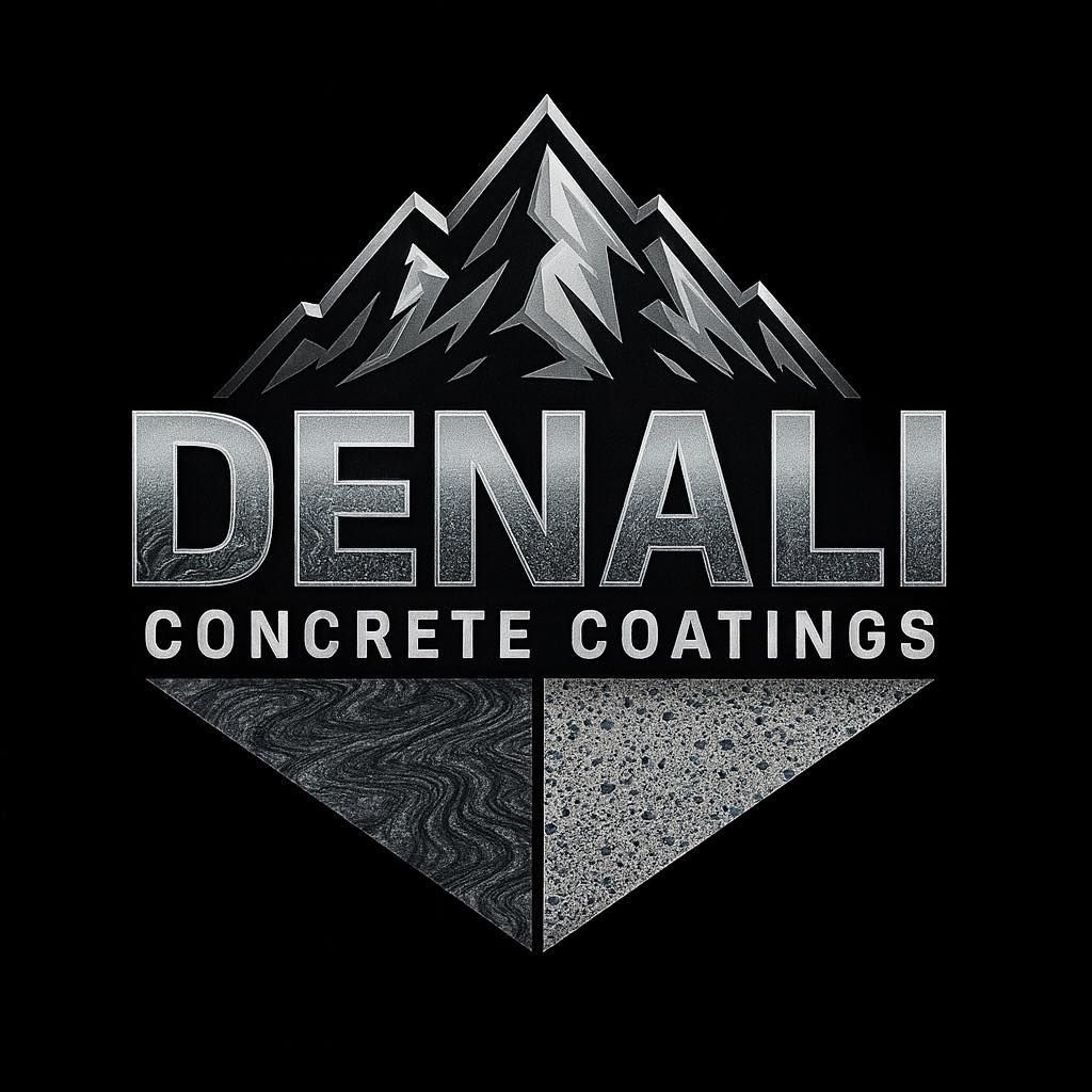 DENALI CONCRETE COATINGS logo with silver mountain peak and textured black diamond background