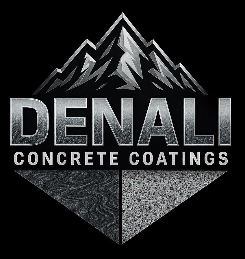 Denali Concrete Coatings logo with mountain graphic and gray textured diamond emblem