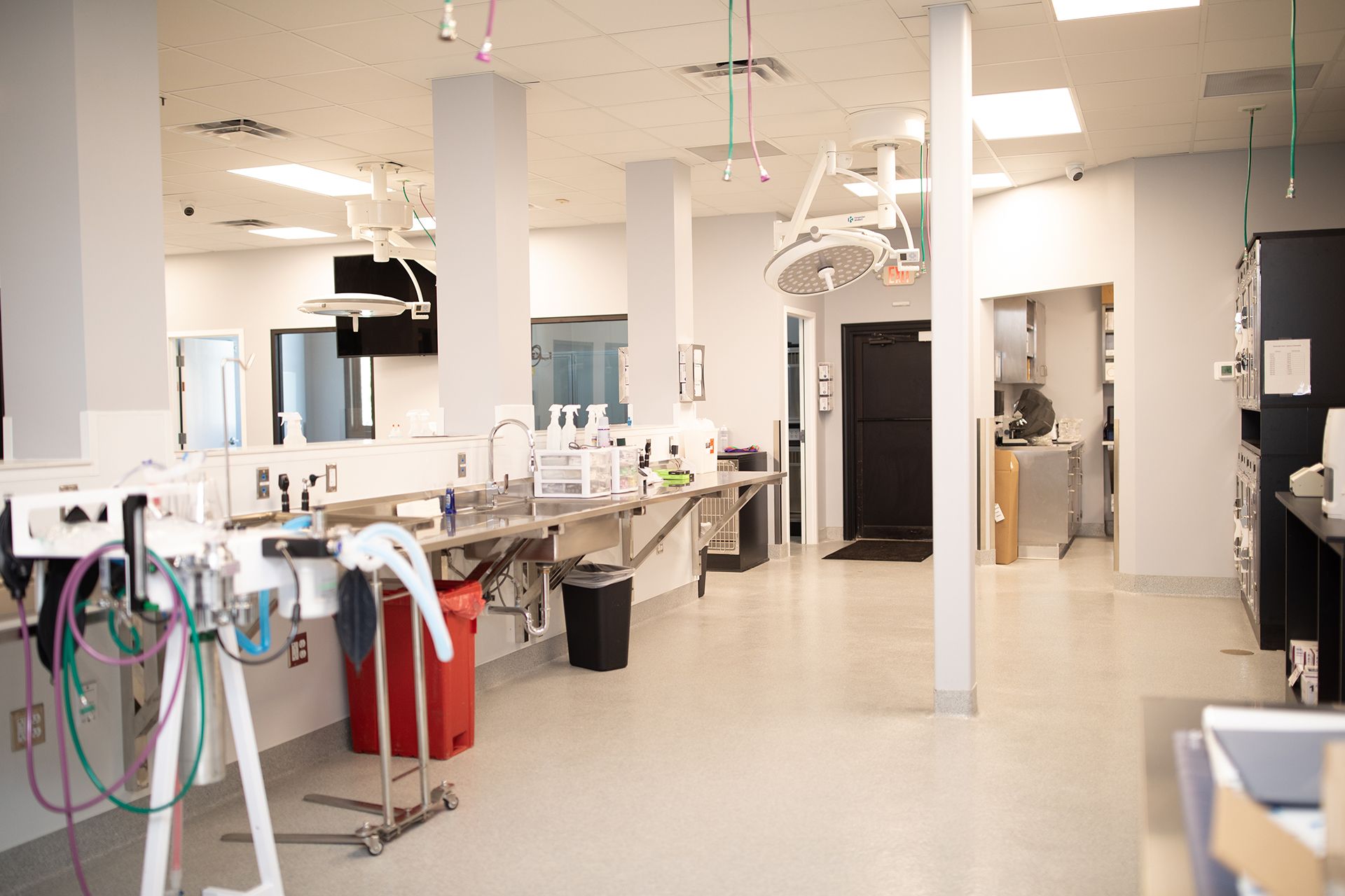 A large room at Bowling Green Veterinary Emergency Clinic with a lot of equipment in it.