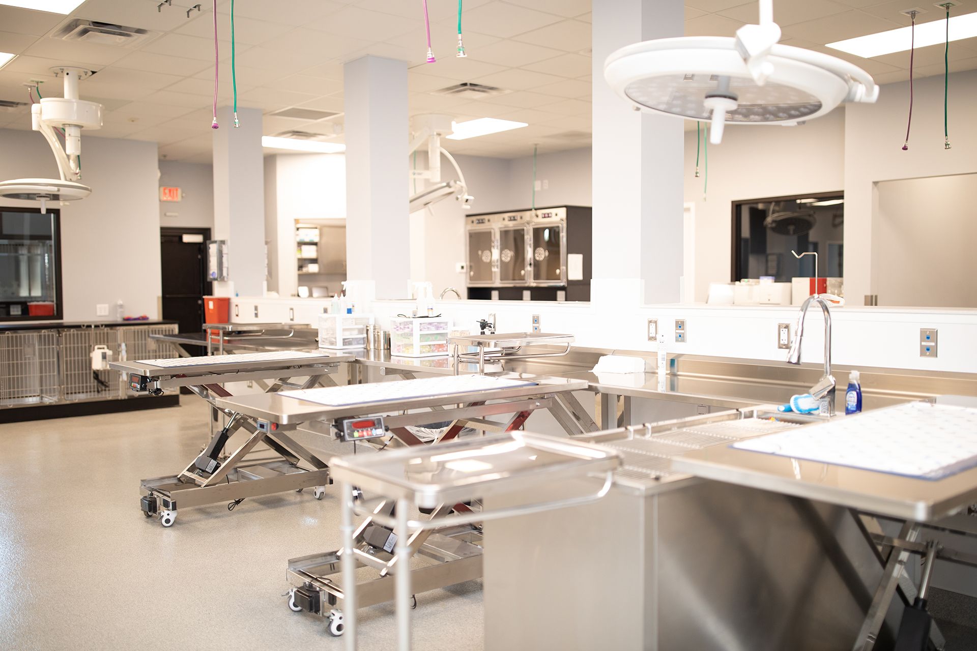 An empty Bowling Green Veterinary Emergency Clinic operating room with stainless steel tables and a surgical light.