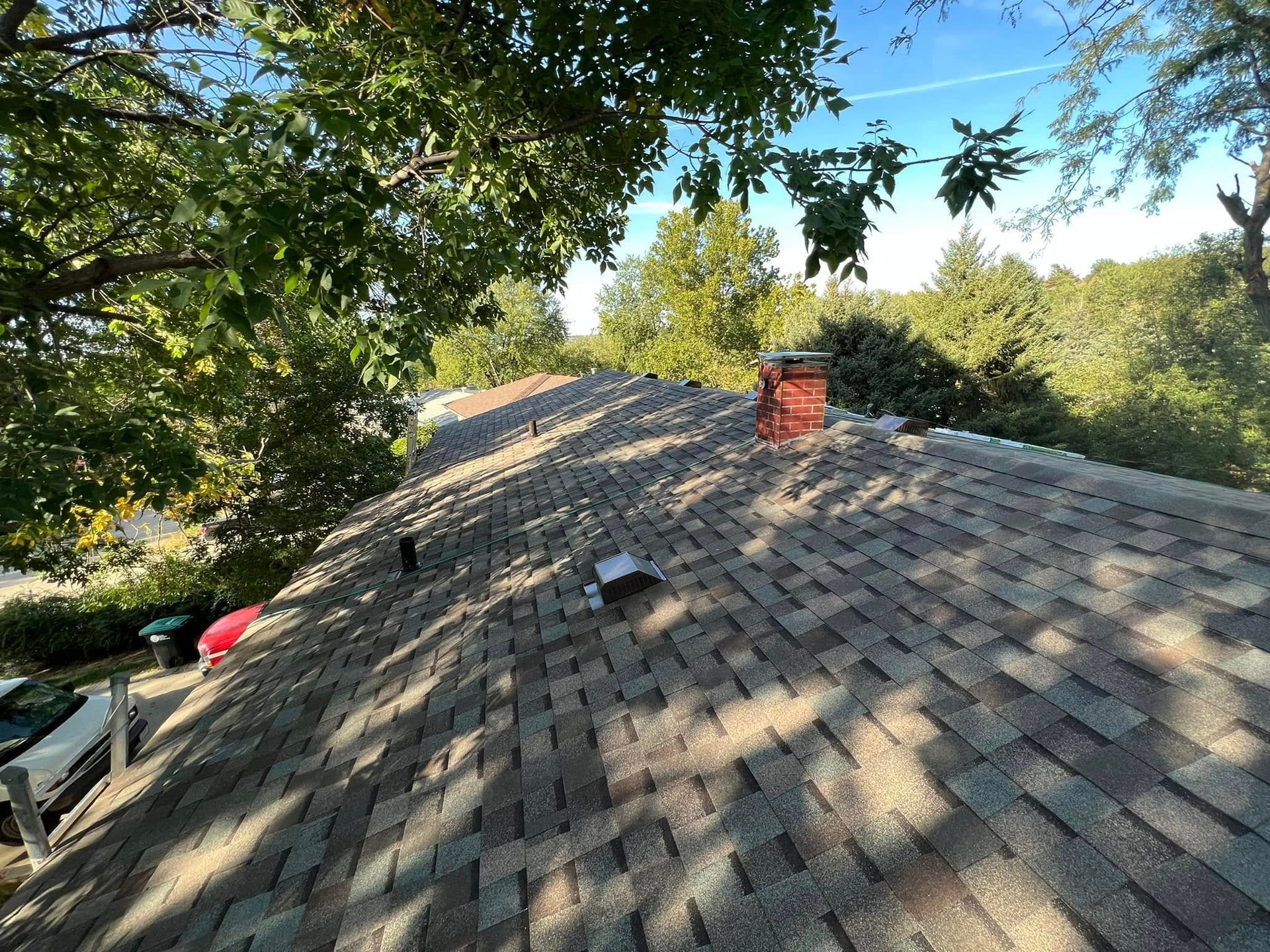 Rooftop with gray shingles under leafy tree branches, with a red chimney in the center.