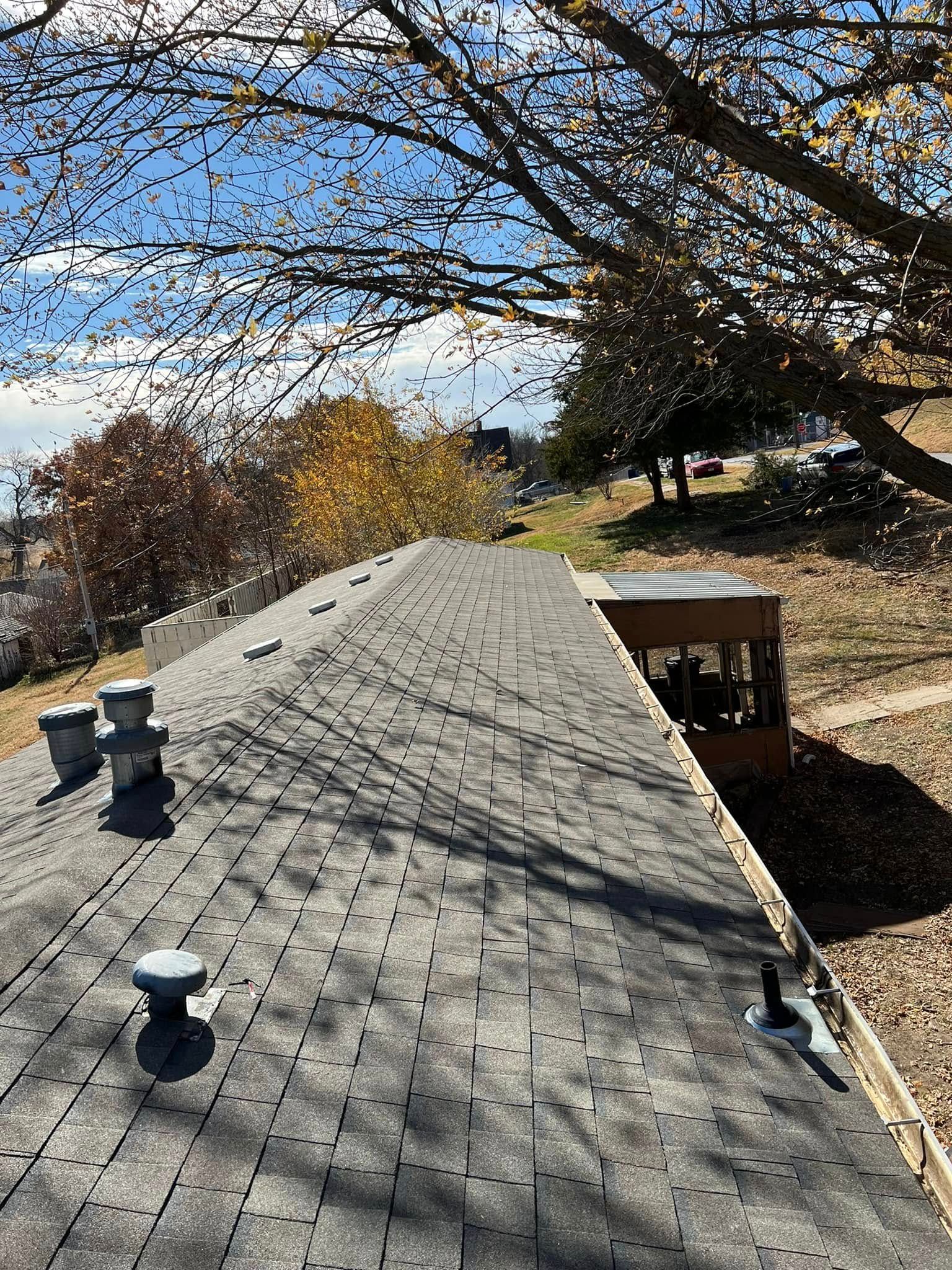 Rooftop with gray shingles and vents under a tree with autumn leaves, overlooking a yard and blue sky.