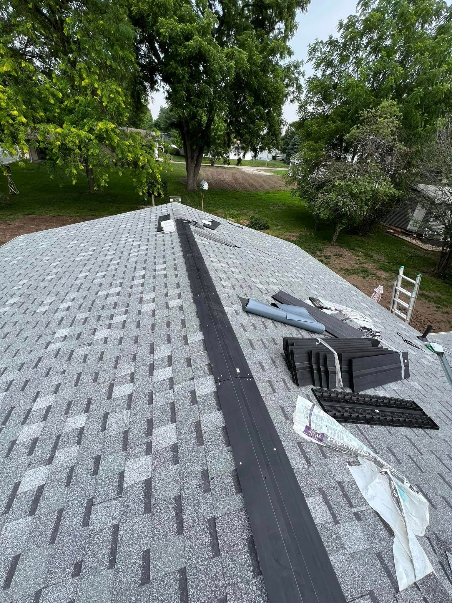 Rooftop with gray shingles, roof vents, and tree-lined yard in the background.