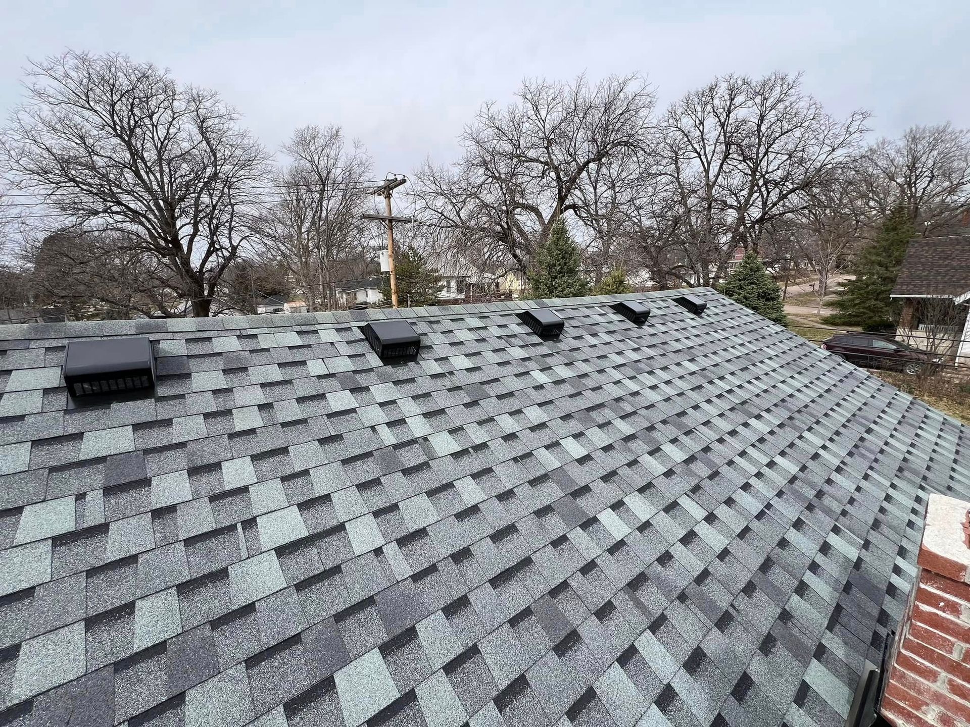 Gray shingled roof with several vents and leafless trees in the background