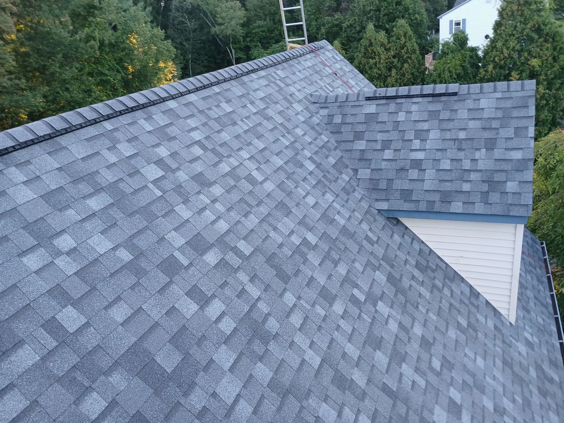 Gray shingled roof with a ladder visible in the background, viewed from above