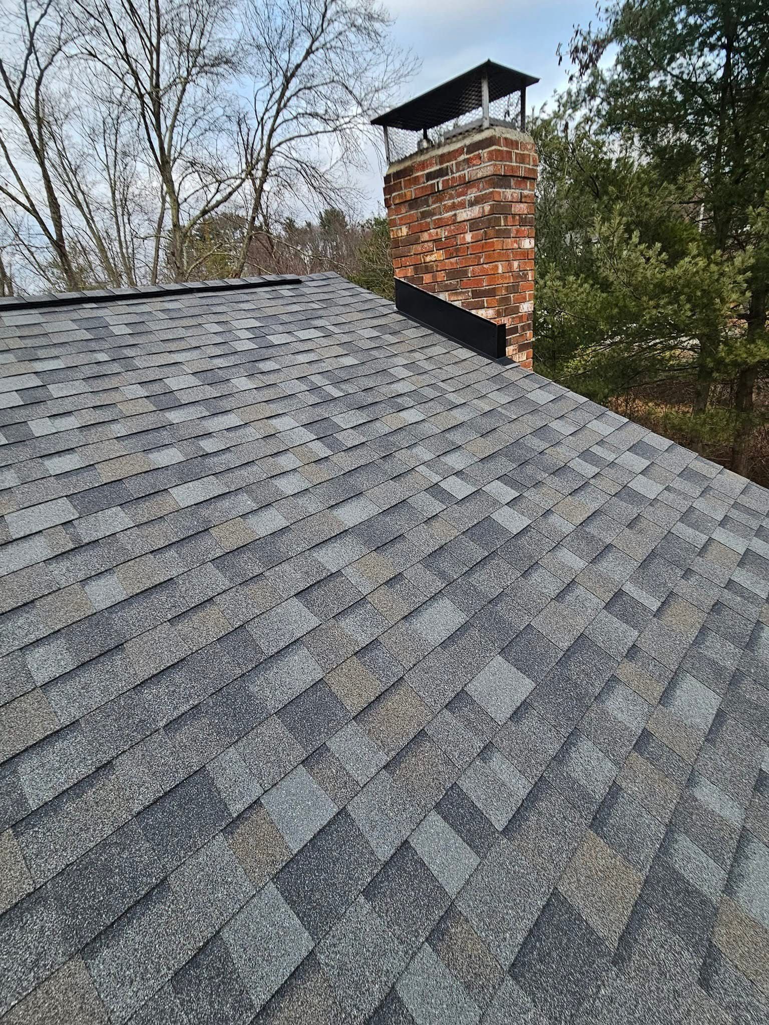 Gray shingled roof with a red brick chimney and tree branches in the background