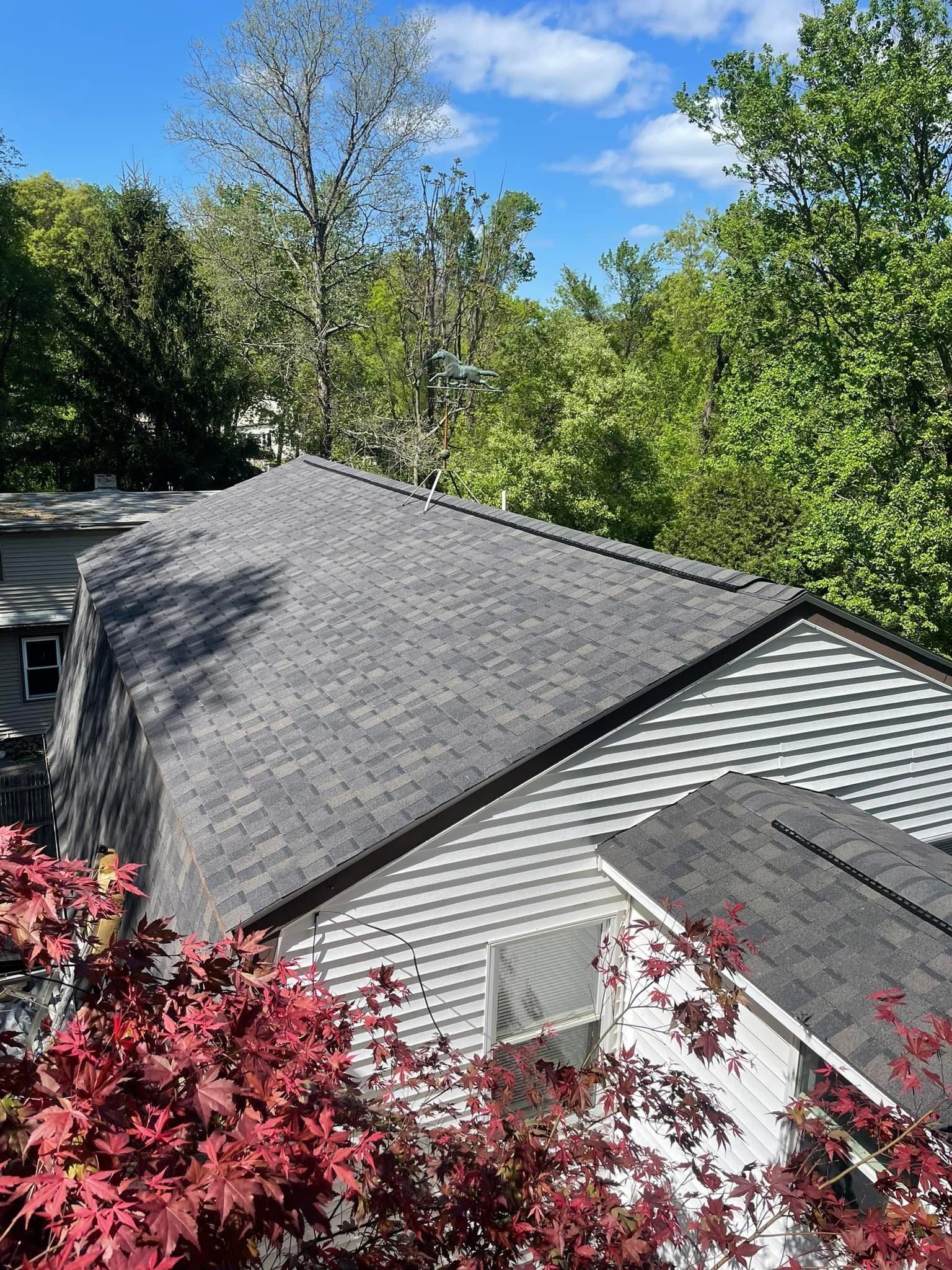 Gray shingled roof with white siding, framed by red and green trees under a blue sky.