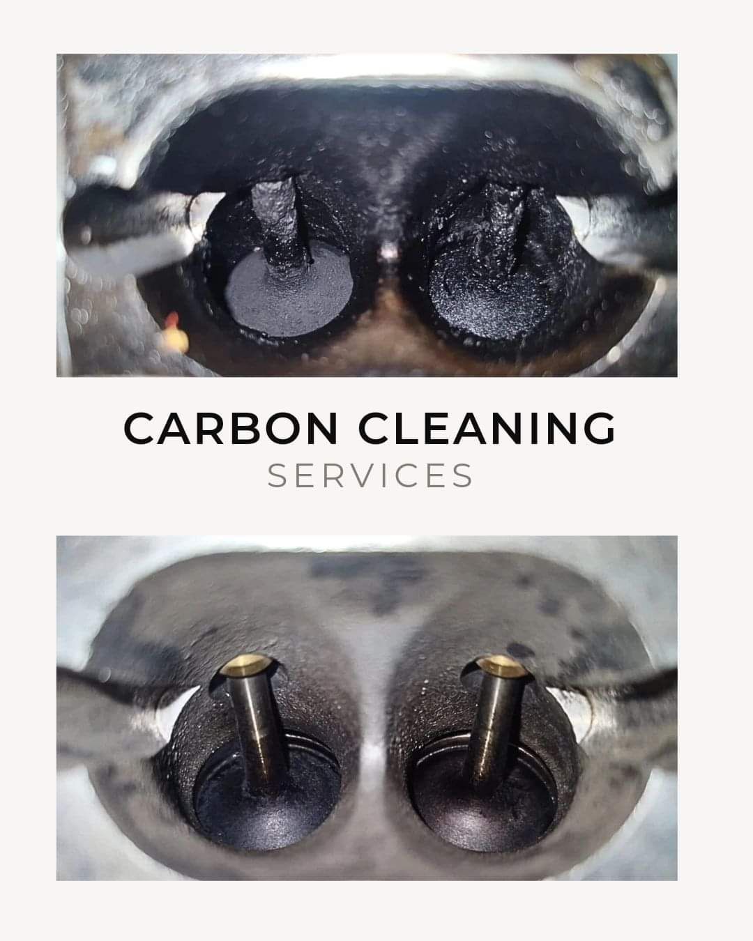 Comparison of engine head before and after carbon cleaning, with black carbon buildup and clean valves.