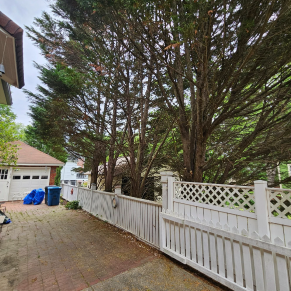 White fence and driveway with trees in the background next to a brick house and garage.