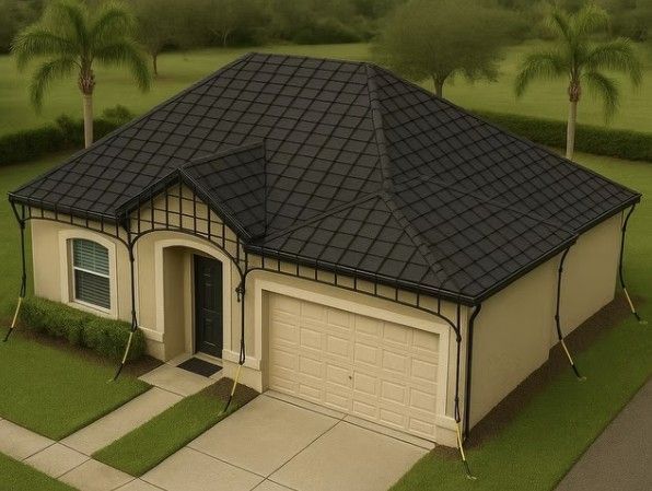 Tan single-story house with a dark roof, beige garage door, and manicured lawn.