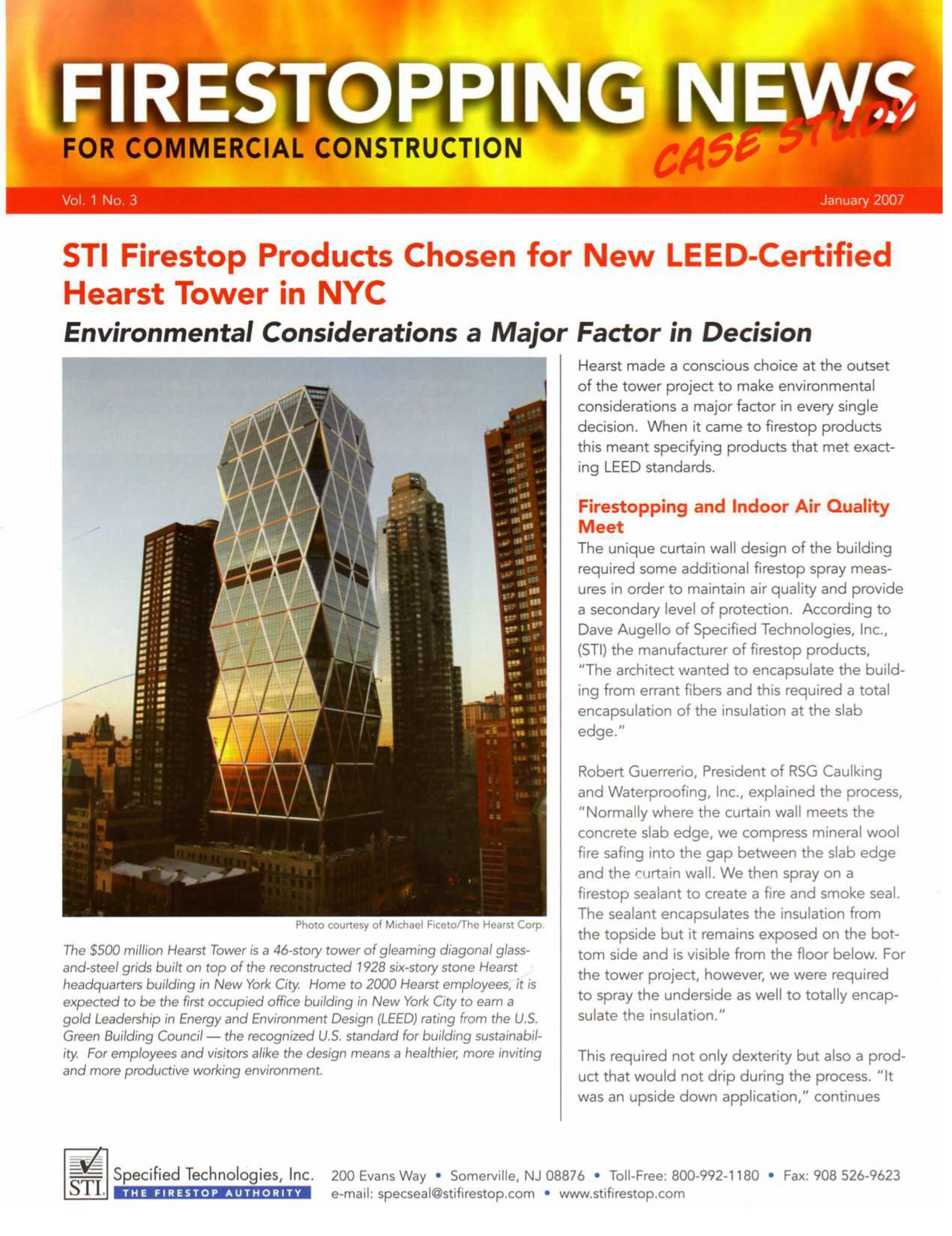 Fire stopping news for commercial construction case study sti firestop products chosen for new leed-certified hearst tower in nyc