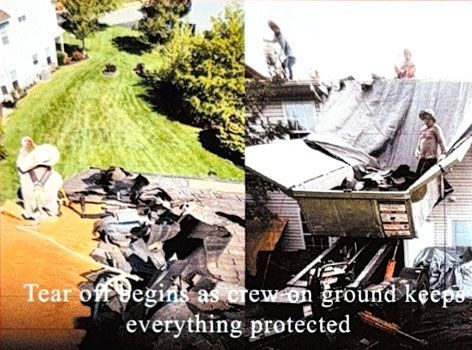 Workers securing a damaged roof with tarps after storm damage, split into before-and-after views