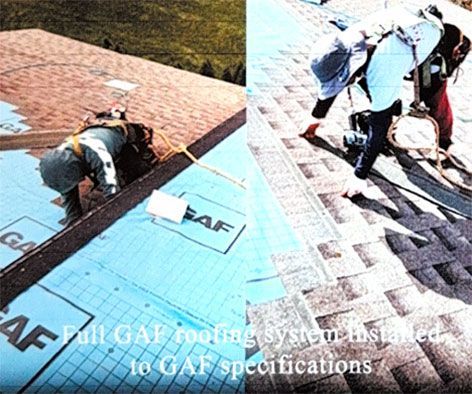 Workers installing a blue and gray roof underlayment on a sloped roof