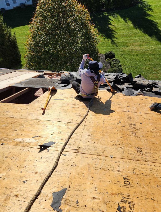 A person wearing a safety harness works on an open wooden roof frame, secured by a rope line.
