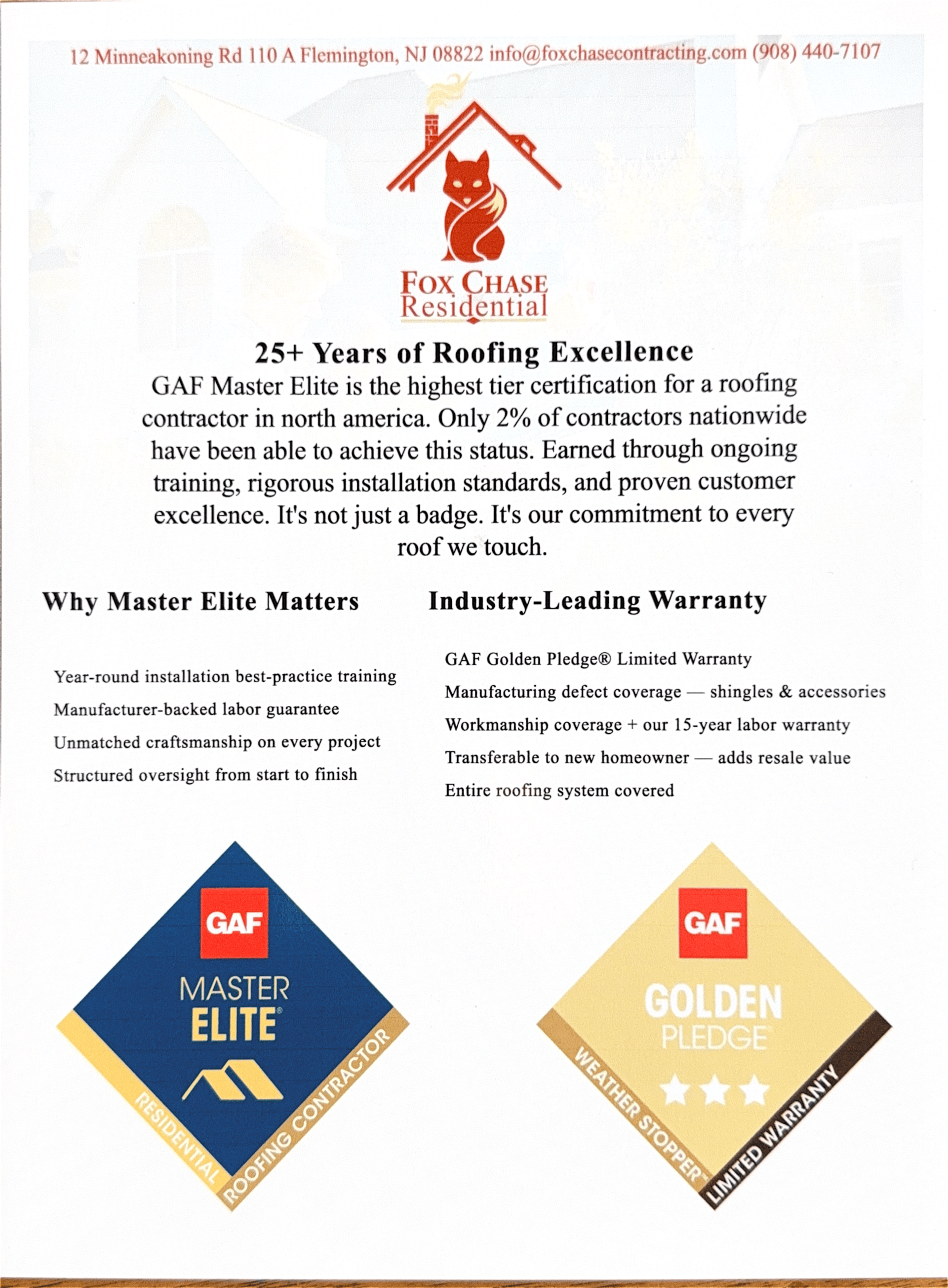 GAF roofing warranty flyer with red roof logo and blue-and-gold Master Elite and Golden Pledge badges
