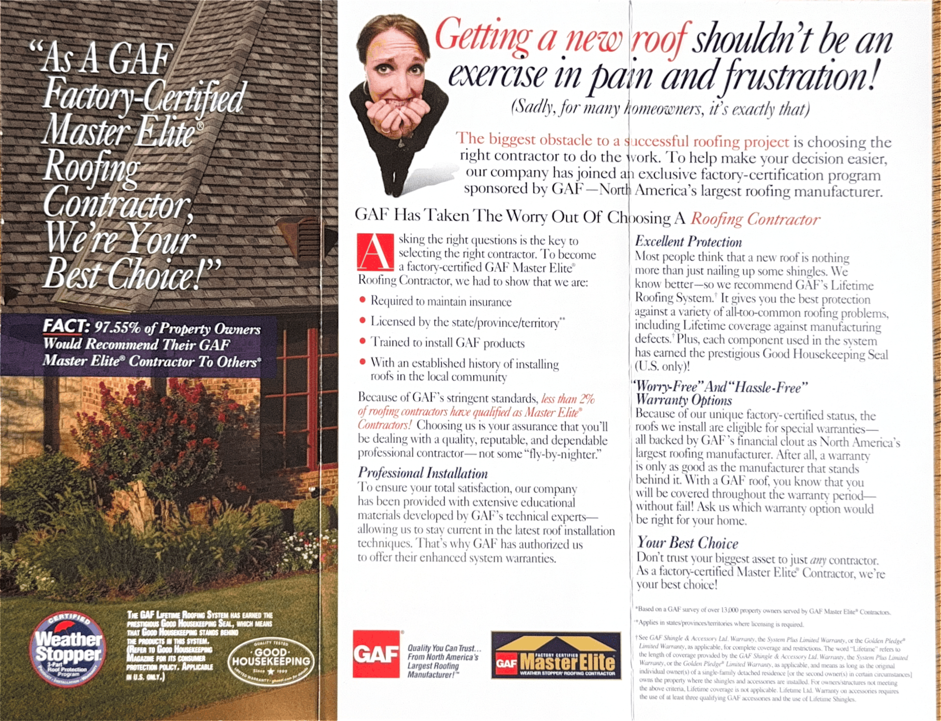 Magazine ad for roof shingles with a house photo and text about avoiding pain and frustration on the roof