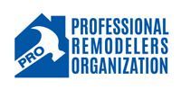 Logo for Professional Remodelers Organization, featuring a blue house silhouette with a hammer and the text 