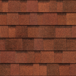 Close-up of reddish-brown asphalt architectural roof shingles with a varied, layered texture.