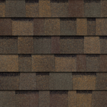 Brown architectural asphalt roofing shingles arranged in an overlapping, layered pattern.