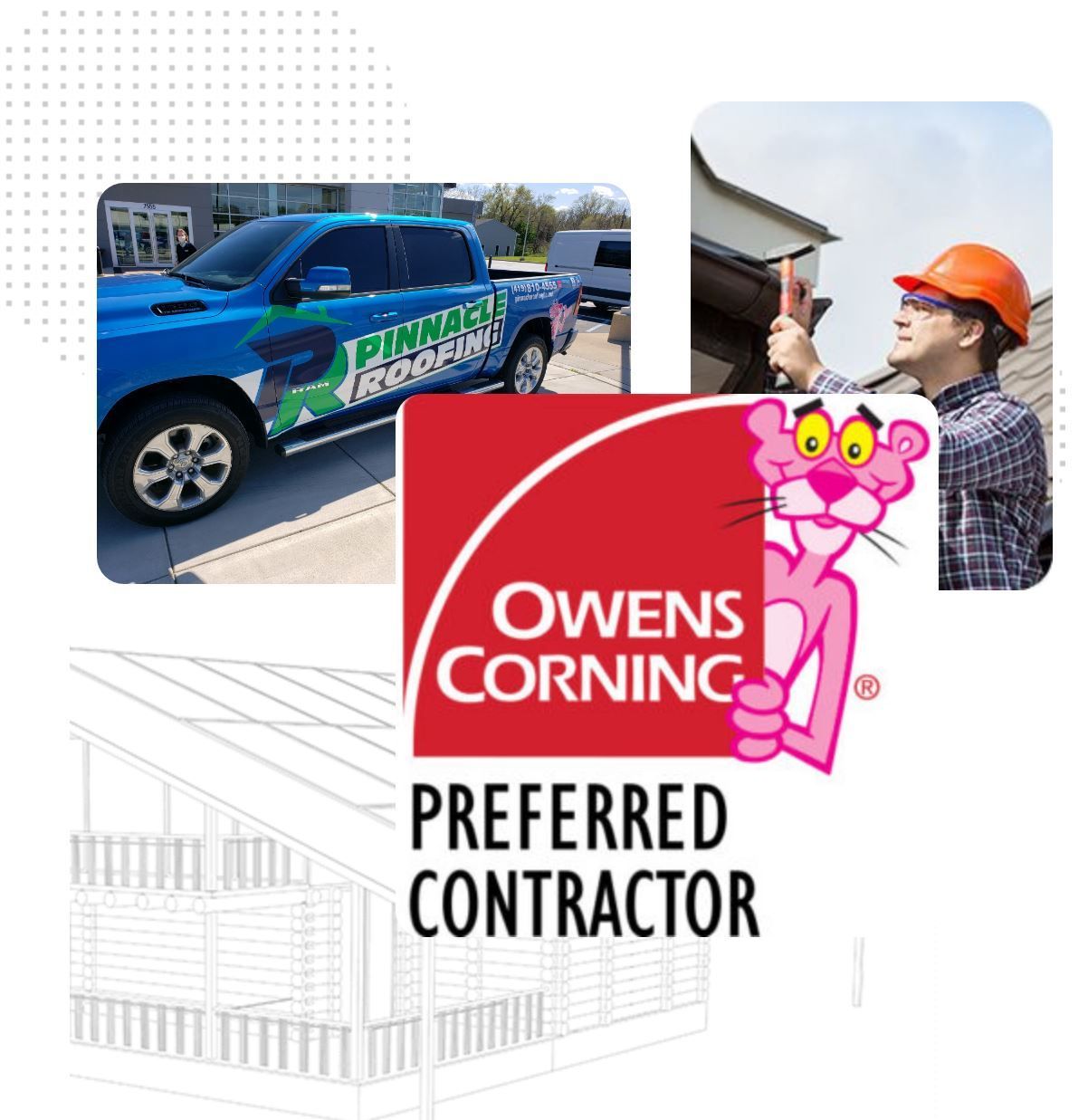 A contractor works on a roof next to a company truck and an Owens Corning Preferred Contractor logo with the Pink Panther.