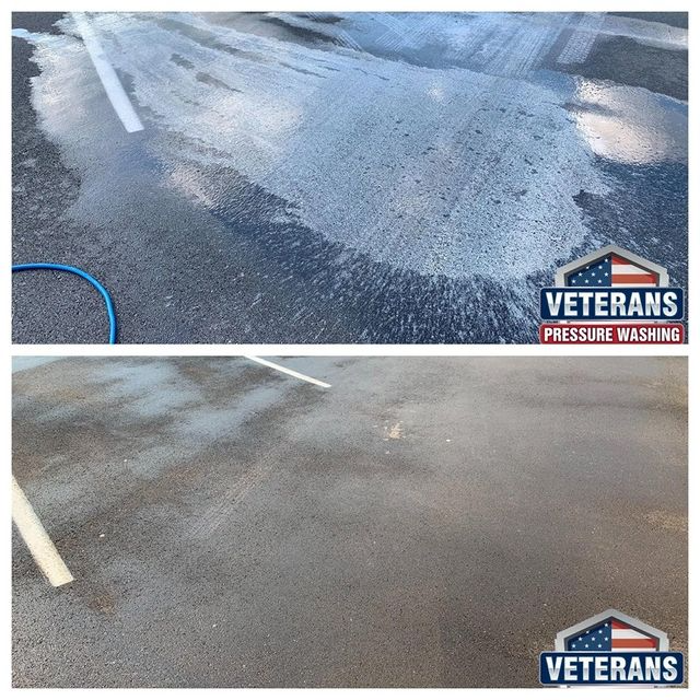 Before and after asphalt pressure washing, showing dirt removal. White parking lines are present.