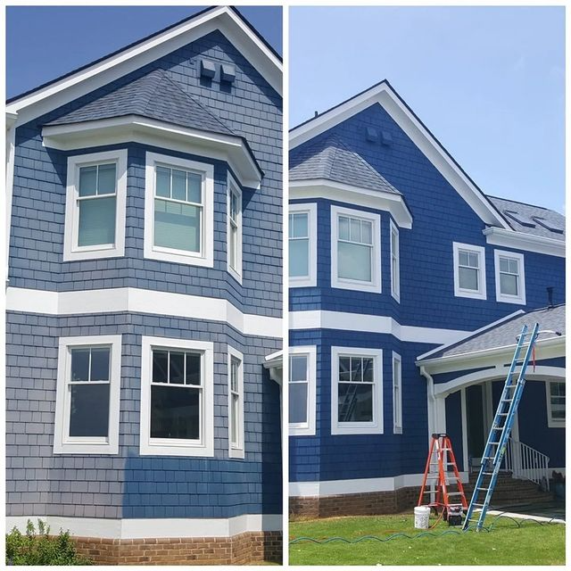 Two-panel comparison of a house before and after painting. Blue siding with white trim; on the right, it's a brighter blue.