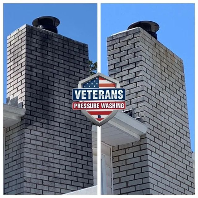 Before and after comparison of a chimney cleaned by Veterans Pressure Washing.