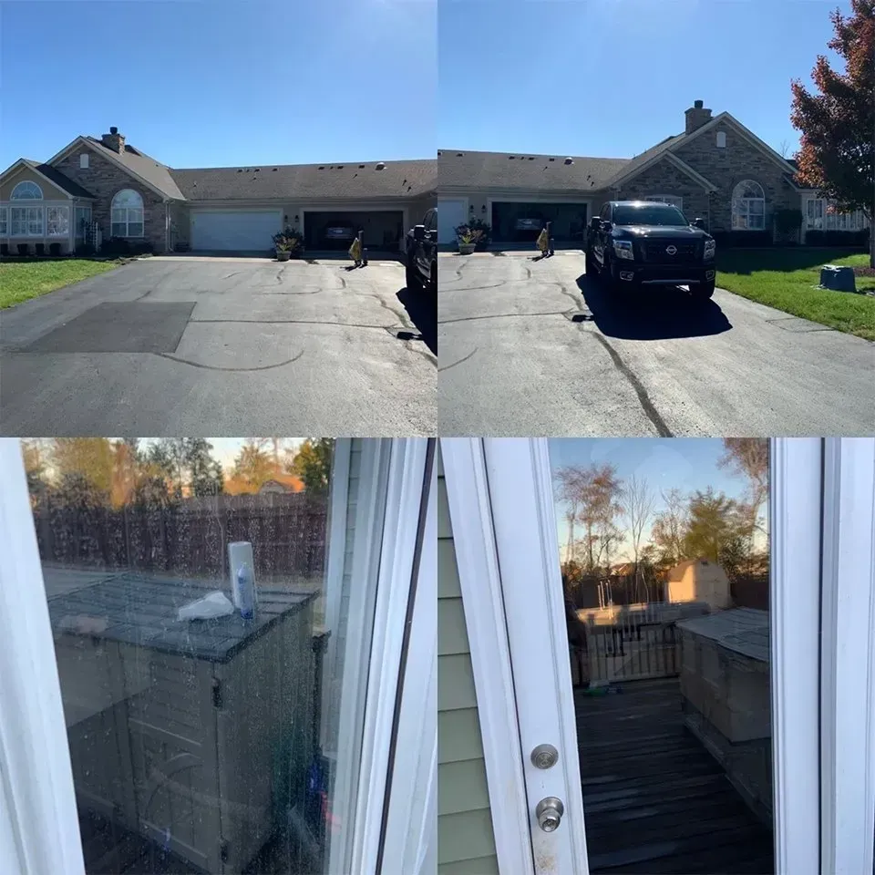 A split image showcasing a driveway with a car and outdoor setting with a building next to a door.