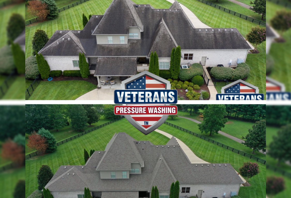 Side-by-side comparison of a house before and after pressure washing by Veterans Pressure Washing.