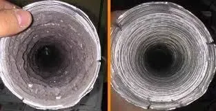 Comparison of dirty and clean air ducts, demonstrating a dusty interior versus a clear metal surface.