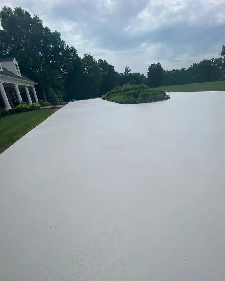 White roof with green trees in the background, small green bush in the middle, and a white house on the left.