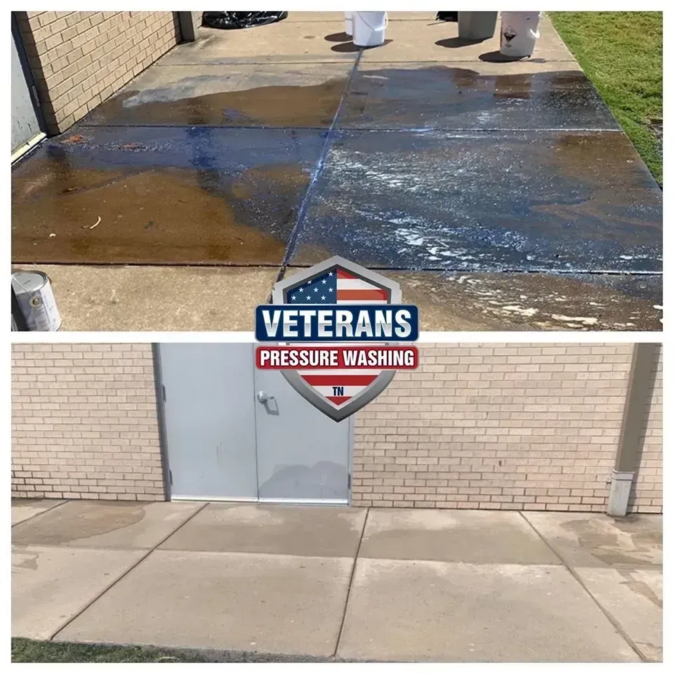 Before and after of pressure washed concrete walkway and building, by 