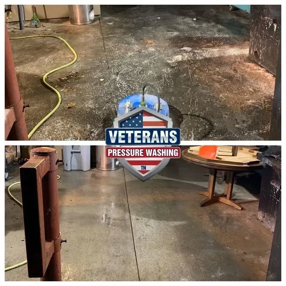 Before and after pressure washing of a concrete floor by 
