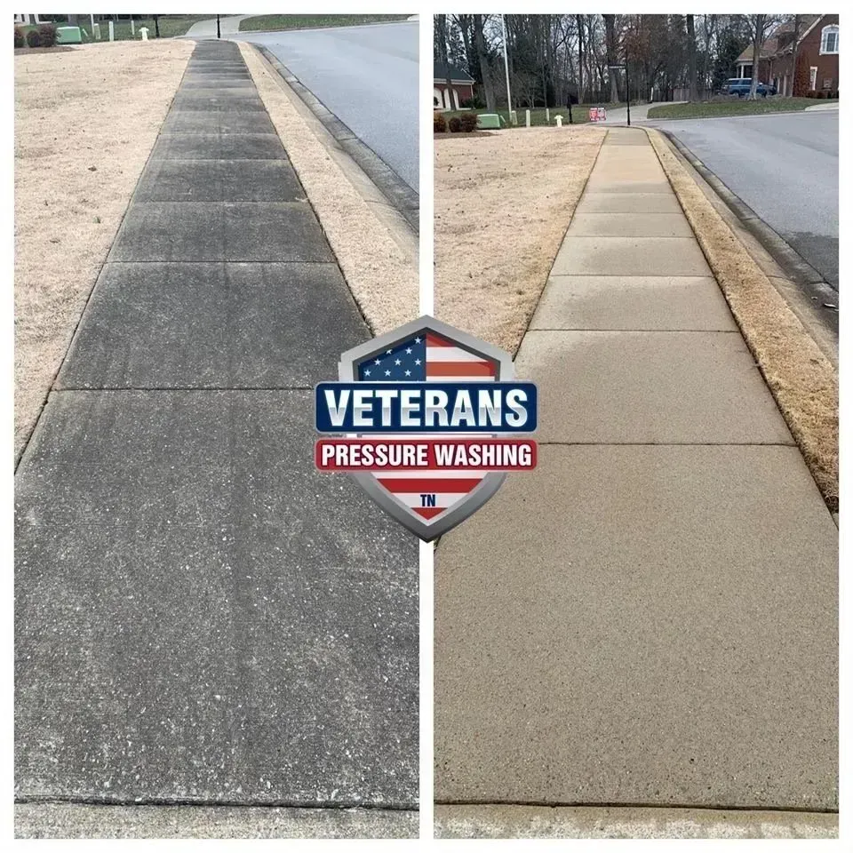 Before and after: pressure washed concrete sidewalk, cleaning off dirt.