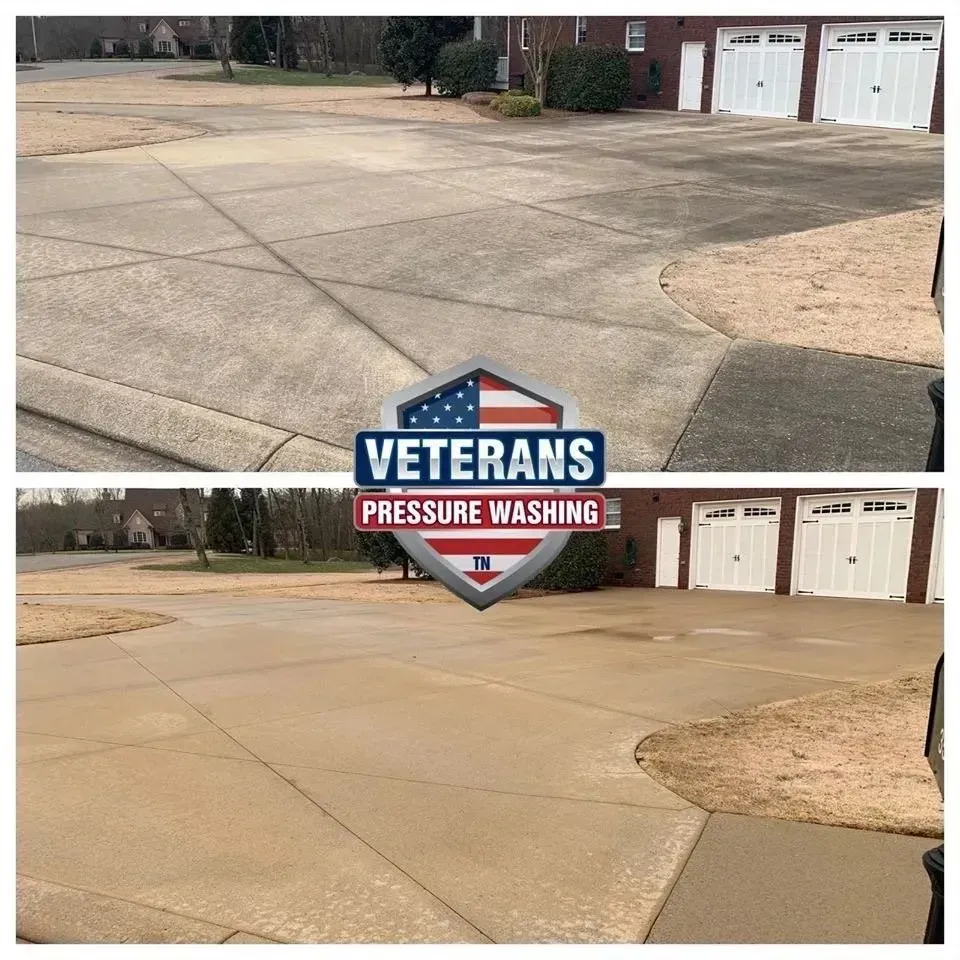 Before and after: driveway pressure washing, with a Veterans logo overlay.