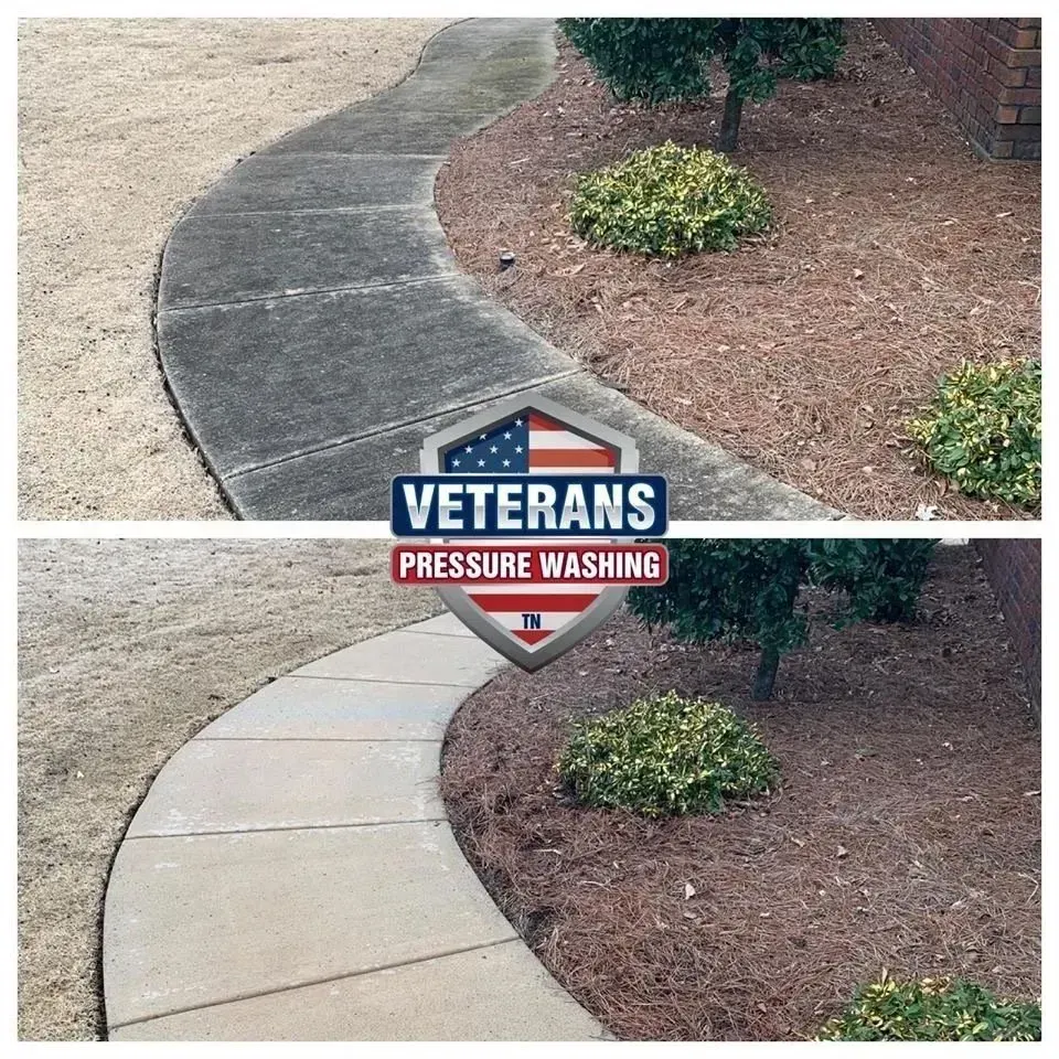 Before and after of a curved concrete walkway cleaned by Veterans Pressure Washing.