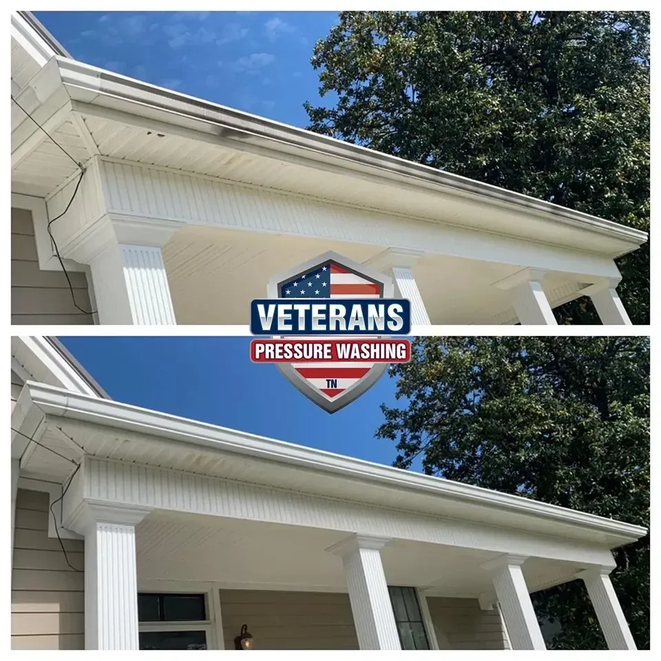 Before and after of a house's cleaned white gutters and trim; dark staining removed.