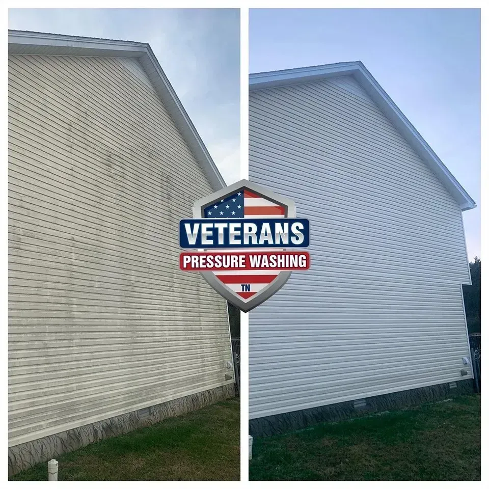 Before and after of house siding cleaned by Veterans Pressure Washing, showing significant dirt removal.