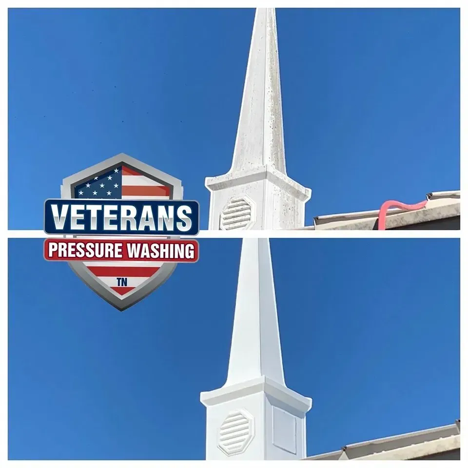 Before and after of a church steeple, cleaned with pressure washing. Blue sky, white steeple.